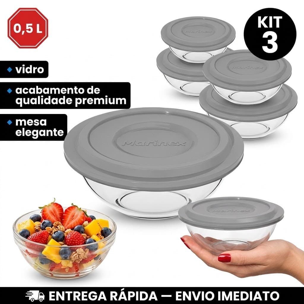 Kit Jogo de Tigelas Com Tampa 1/3un Marinex Astral Plus 0,5L Vidro Temperado Armazenamento