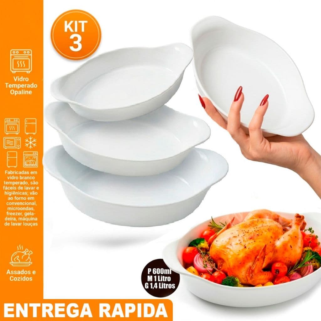 Kit Jogo 3 Assadeiras Opaline Marinex de Vidro Brancas Forma Resistente Sobremesas Restaurante