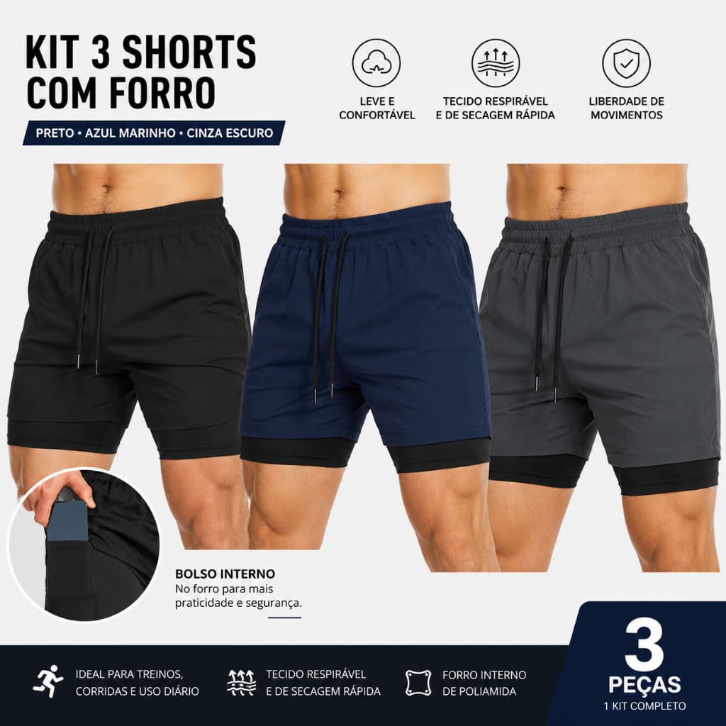 Shorts Masculino 2 em 1 Kit com 3 Treino Academia Proteção UV20+ com Bolso Secreto