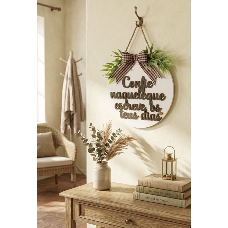 Placa Decorativa Redonda "Confie Naquele que Escreve os Teus Dias" – Com Laço e Folhagem