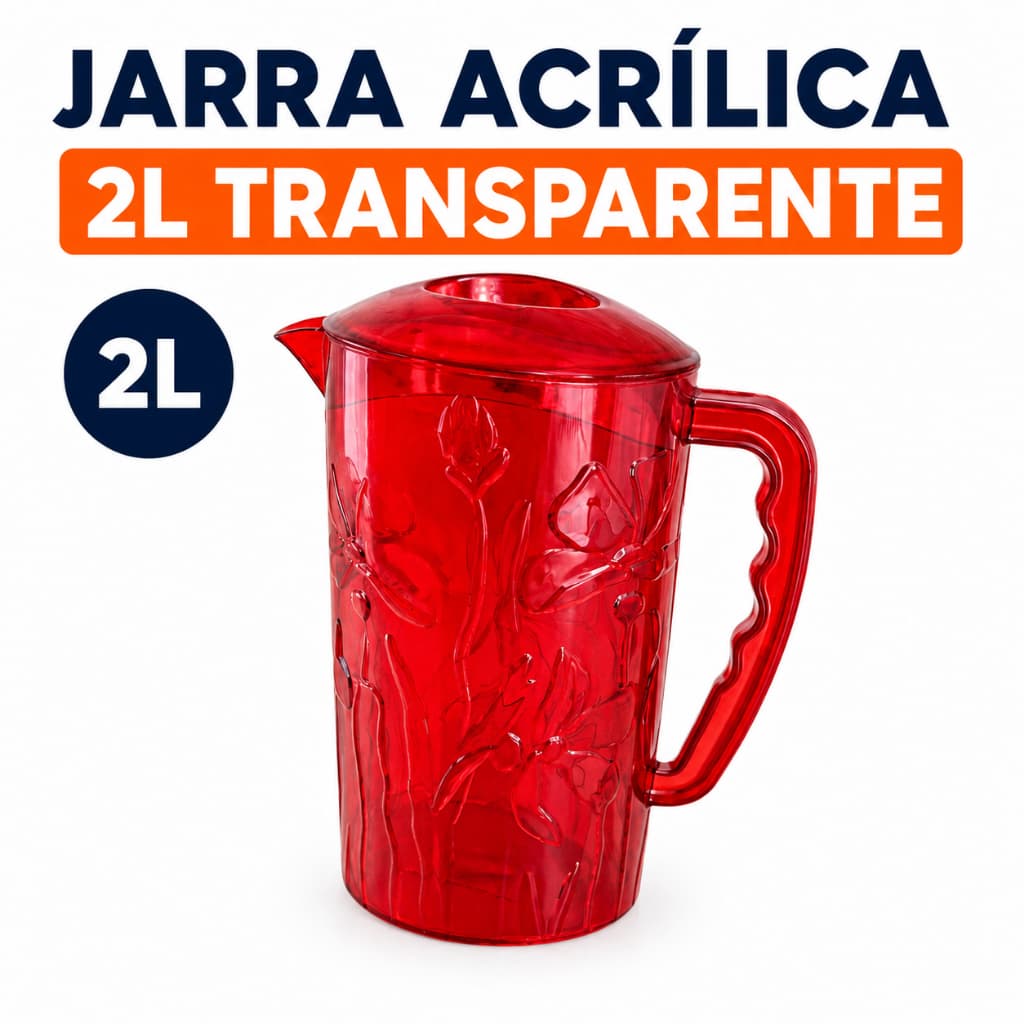 Jarra Acrílica 2L Transparente 3 Cores Tampa Prática Reforçada Servir Suco Água Bebidas Cozinha