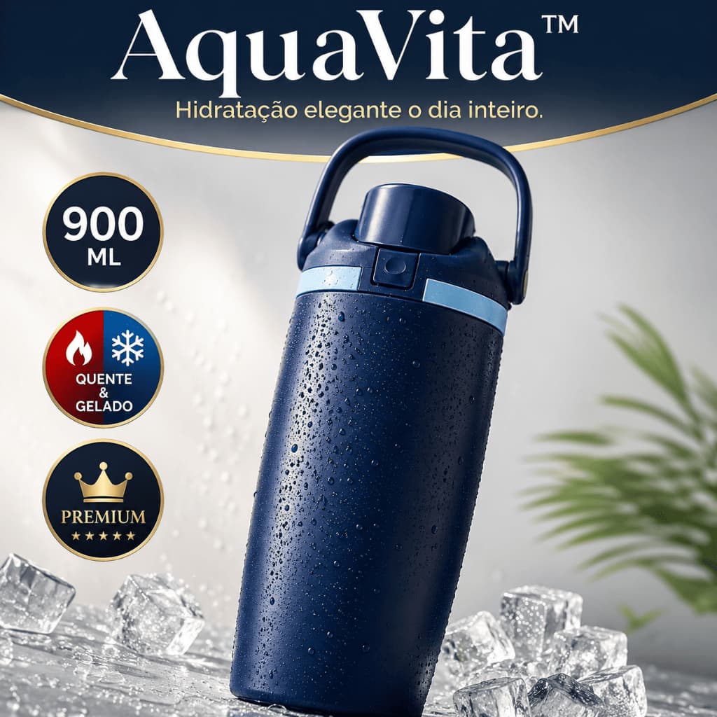 Garrafa Térmica 900ml Com Canudo e Alça AquaVita™ Inox Premium Gelado e Quente