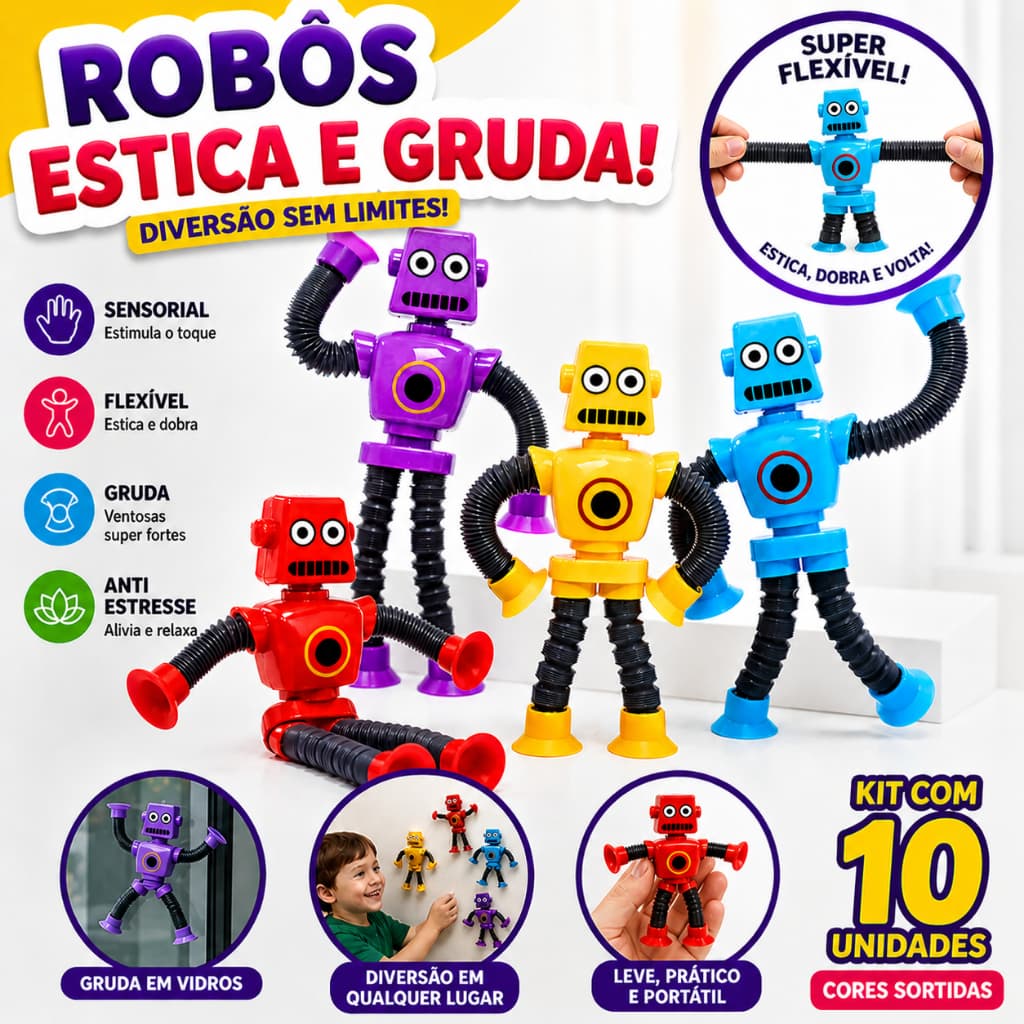Kit 10 Robô Pop It Led Estica Puxa Gruda Ventosa Tubo