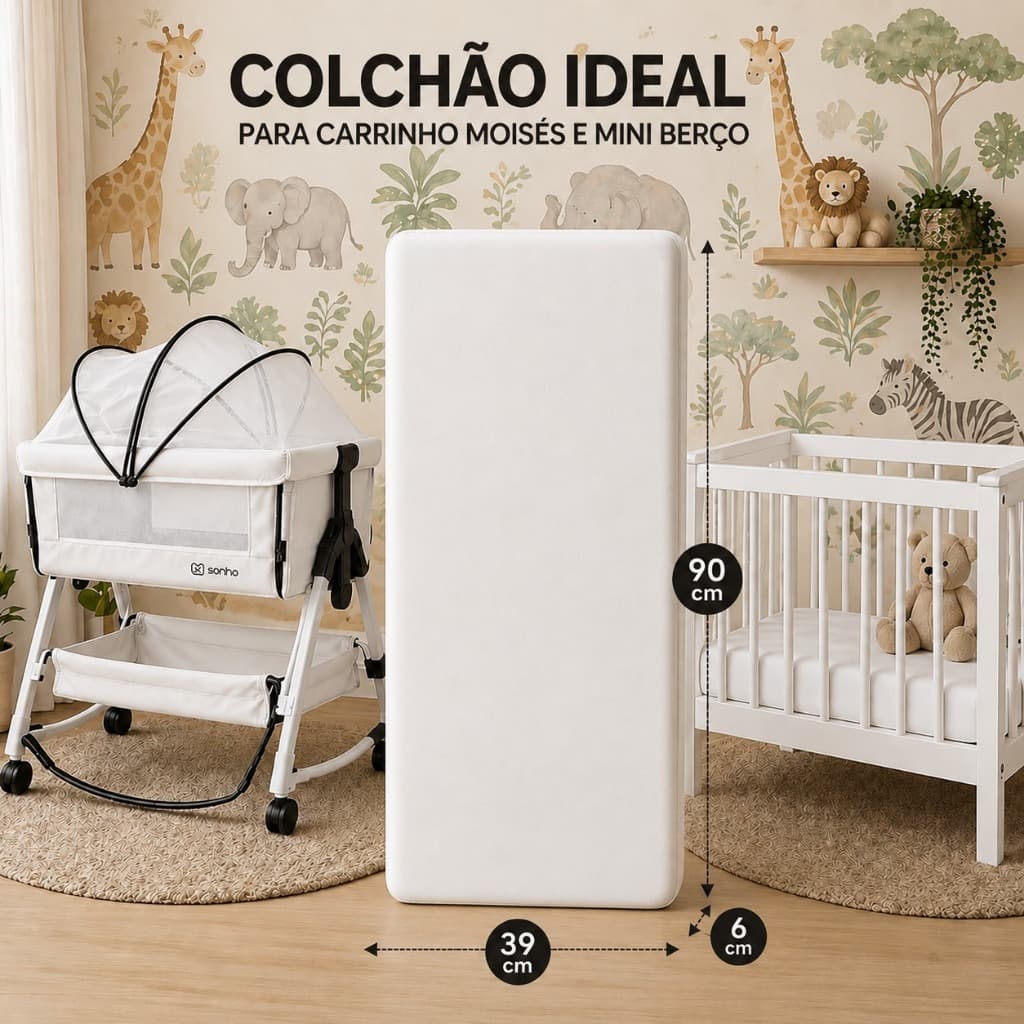 Colchão Para Bebê Chiqueirinho Cercadinho e Berço Desmontável Carrinho Moisés 90x39x6cm Espuma Macia