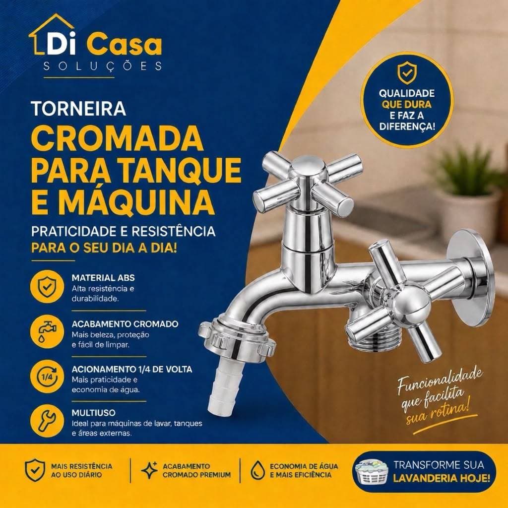 Torneira Dupla para Tanque e Máquina Cromada ABS 1/4 VOLTA
