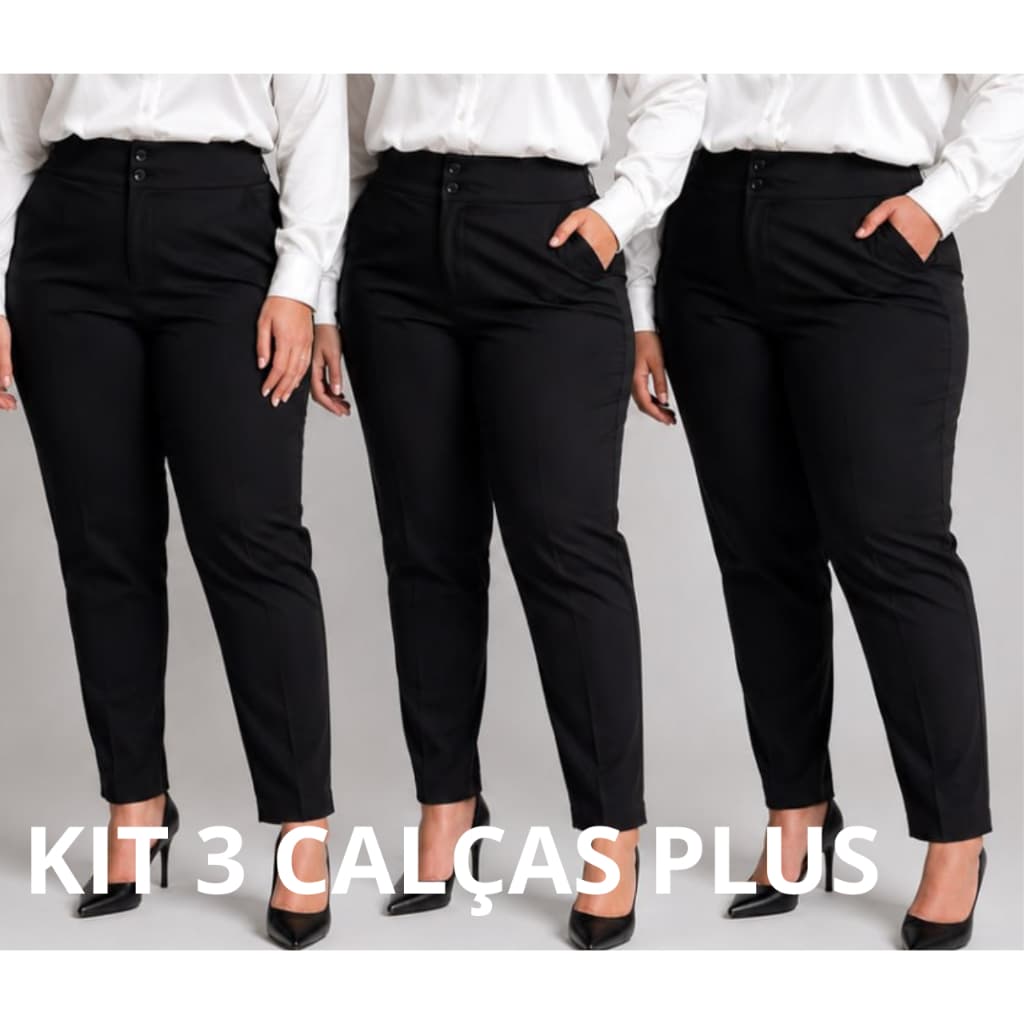 Kit 3 Calças Sociais Feminina Plus Size Alfaiataria Two Way Com Elastano