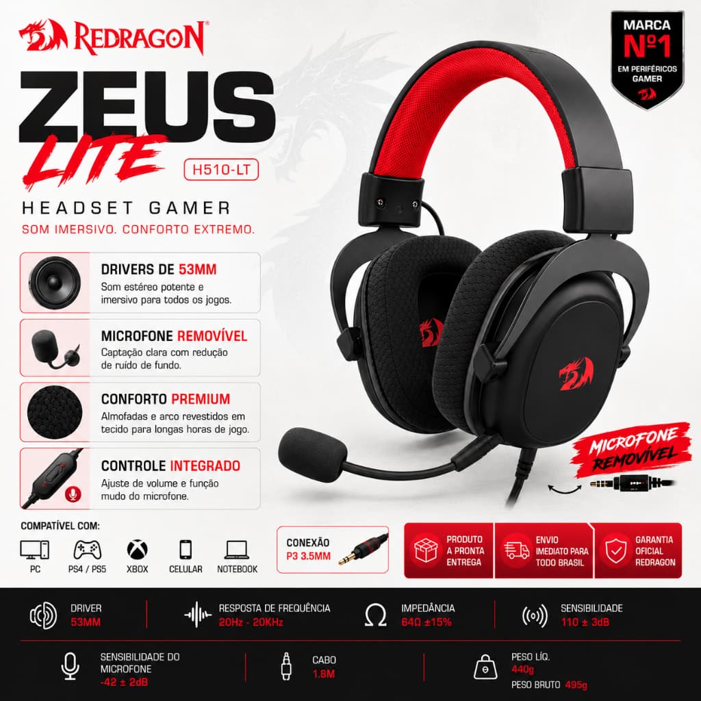Headset Gamer Redragon Zeus Lite Preto P3 H510-LT