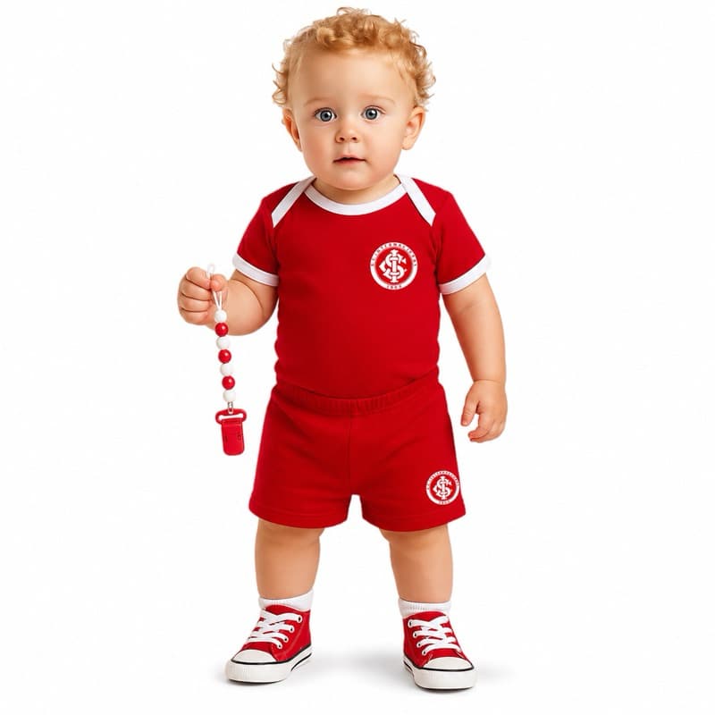 Kit 4Pçs Body, Short, Tênis e Prendedor Bebê Menino Menina Inter Time Verão Futebol