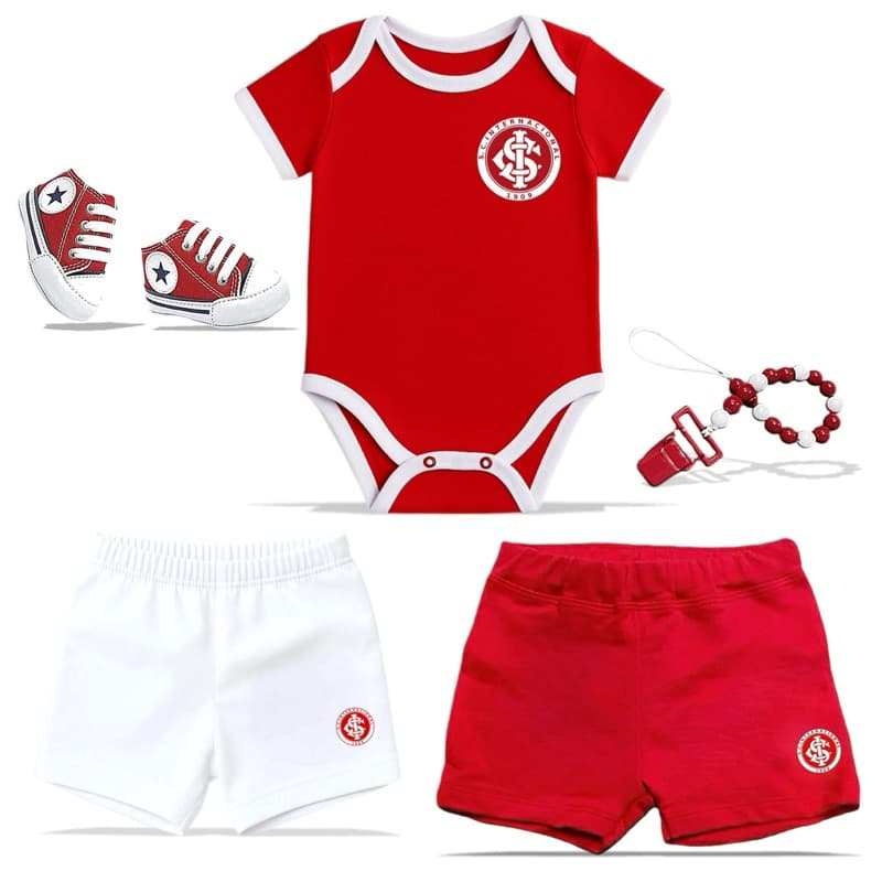 Kit 5 Pçs Bebê Inter: Body Bebe + 2 Shorts, 1 Tênis e 1 Prendedor de Chupetas / Mordedor Mesversário
