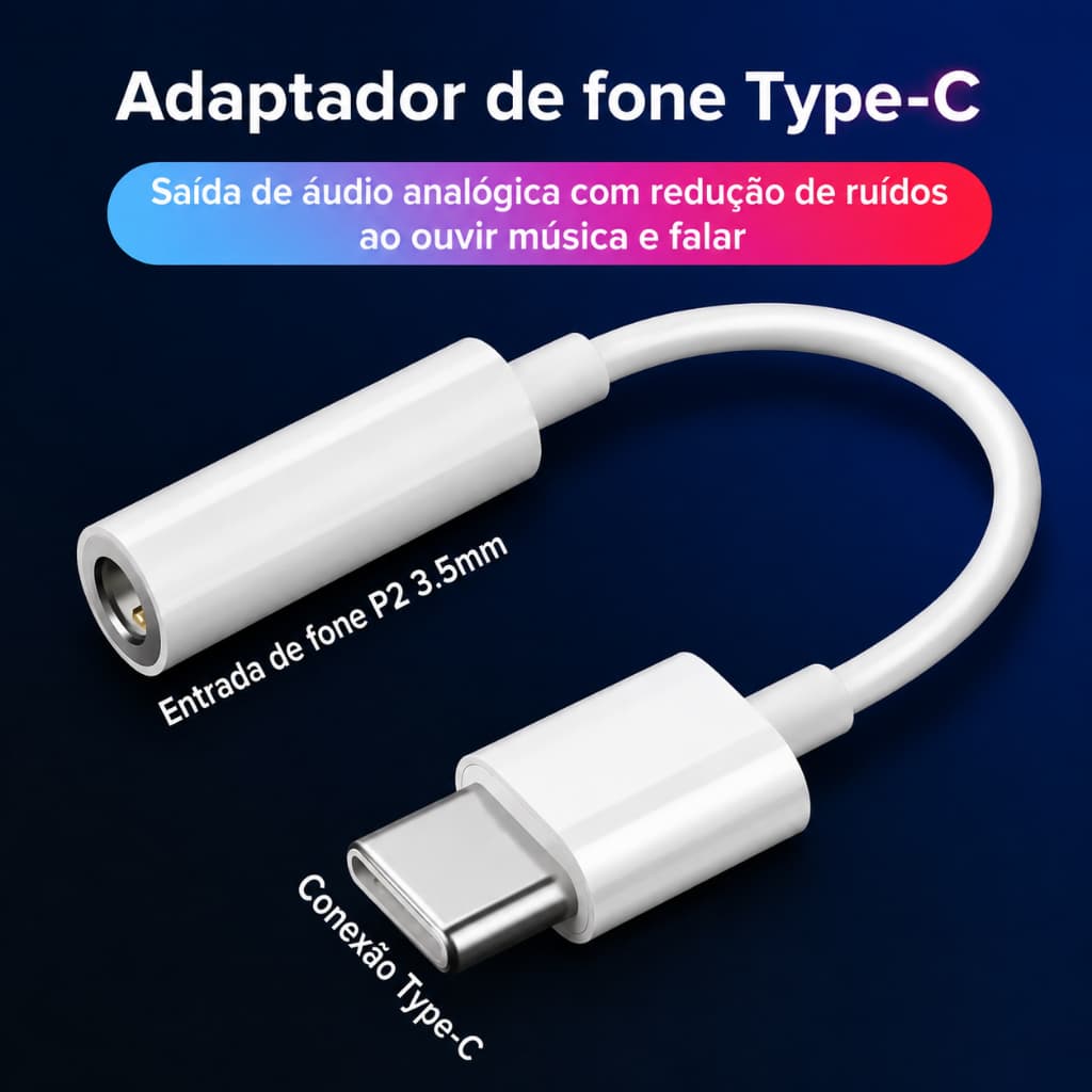 Adaptador Tipo C Para P2 3.5mm Áudio Alta Qualidade Controle Volume
