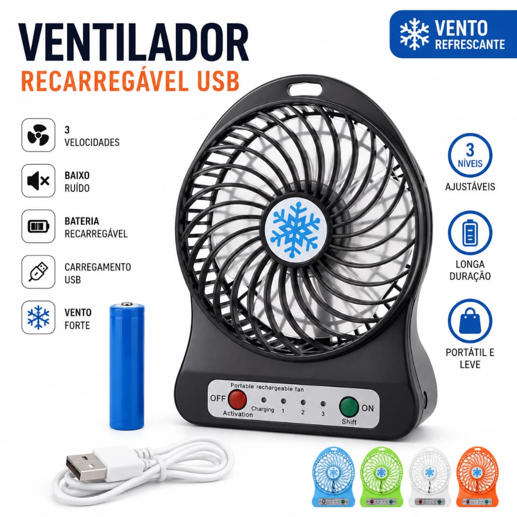 Mini Ventilador Portátil USB Recarregável 3 Velocidades Cores Sortidas