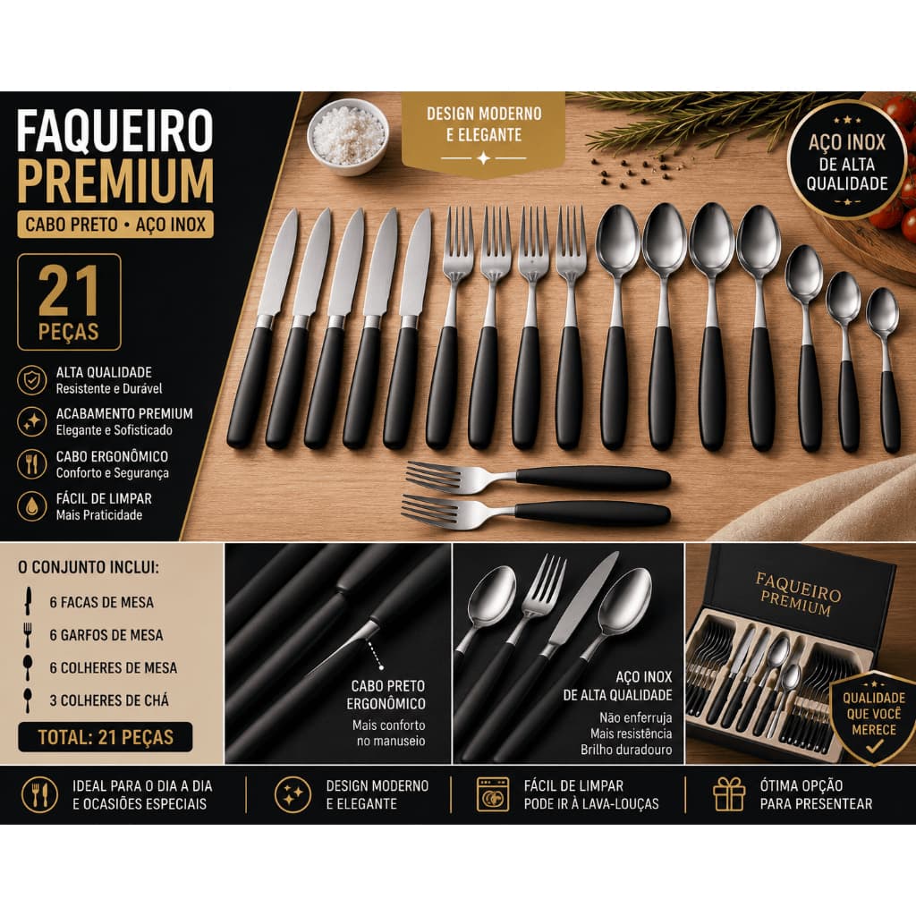 Faqueiro inox 21 peças Jogo De Talheres kit talheres cozinha talheres luxo mesa posta promoção oferta