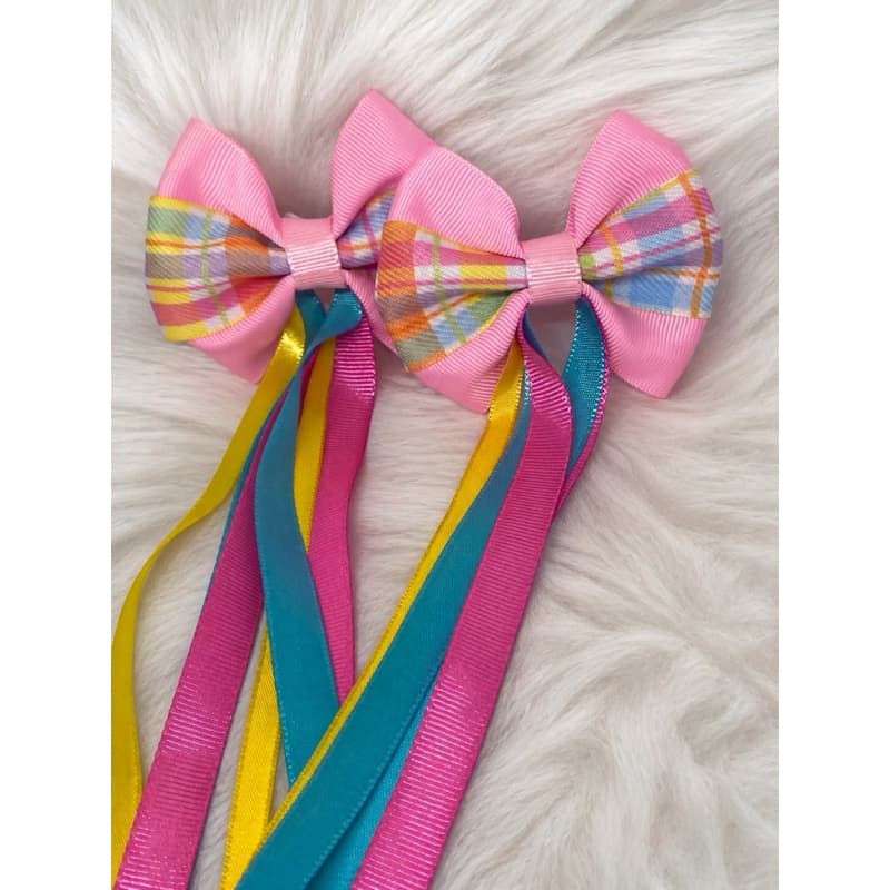 Par de Laço junino Rosa claro com xadrez colorido - Laço de cabelo - Festa junina - Arraiá - Caipira