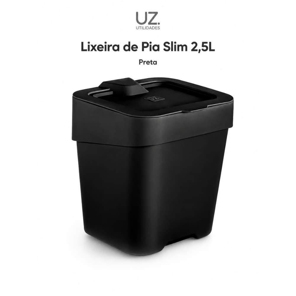 Lixeira Pia 2,5L UZ Utilidades Compacta Slim Tampa Cozinha Banheiro Preta Organizador