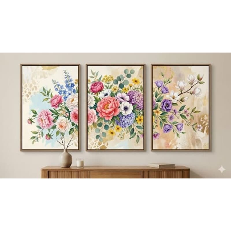 Quadro decorativo 3 peças flores coloridas jardim