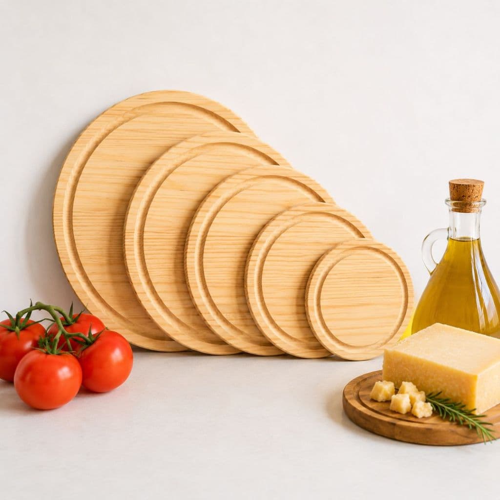Kit Pizza 30 Cm com 10 Unidades em Madeira de Pinus Tábua Redonda para Servir e Cortar Frios Carnes Churrasco Bolos Pao