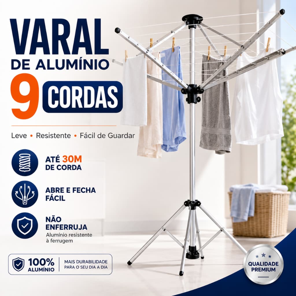 Varal Giratório Chão Alumínio Reforçado 9 Cordas Grande Dobrável Compacto Alta Capacidade Roupas