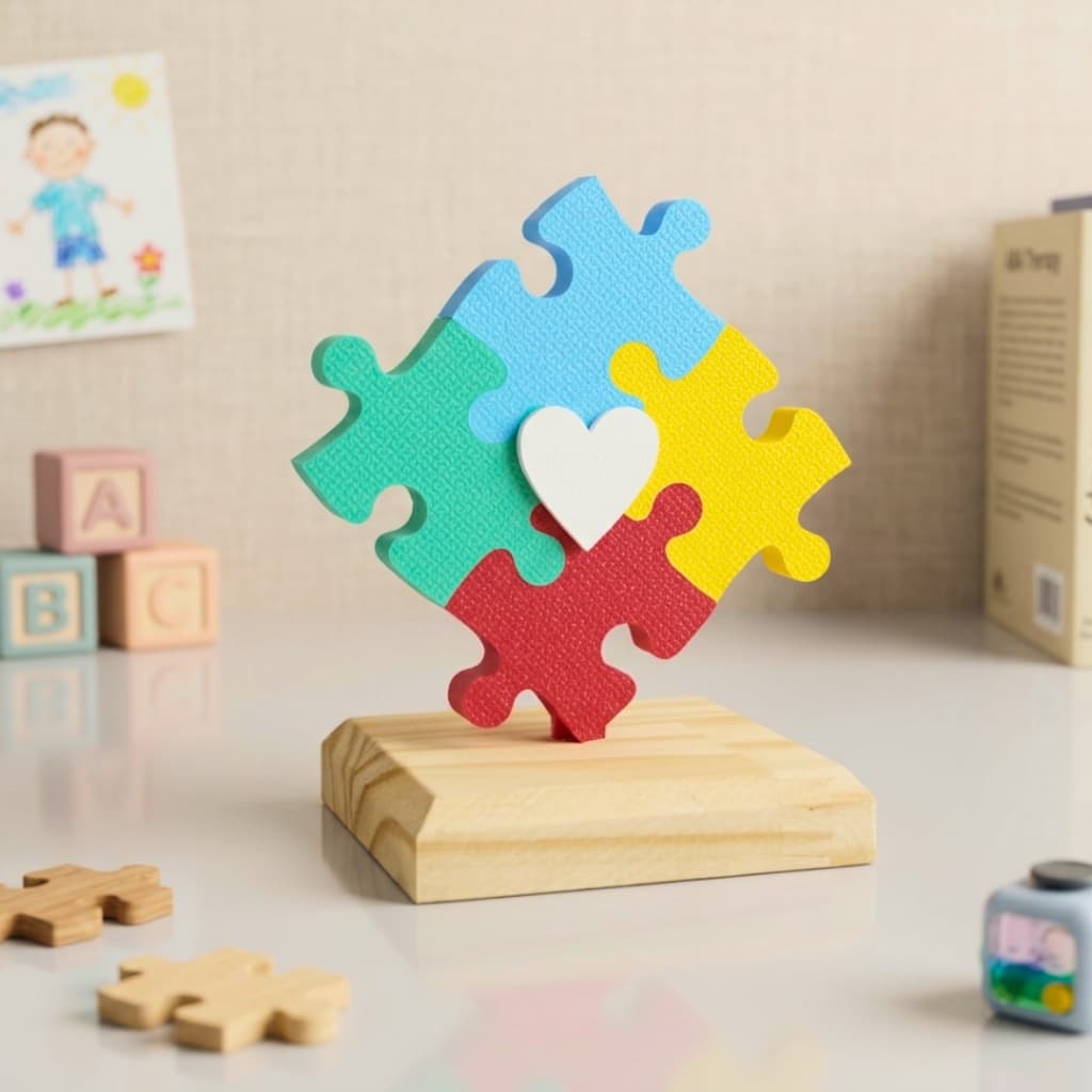 Enfeite Autismo com Base de Madeira | Decoração Mesa Psicologia TEA, ABA.