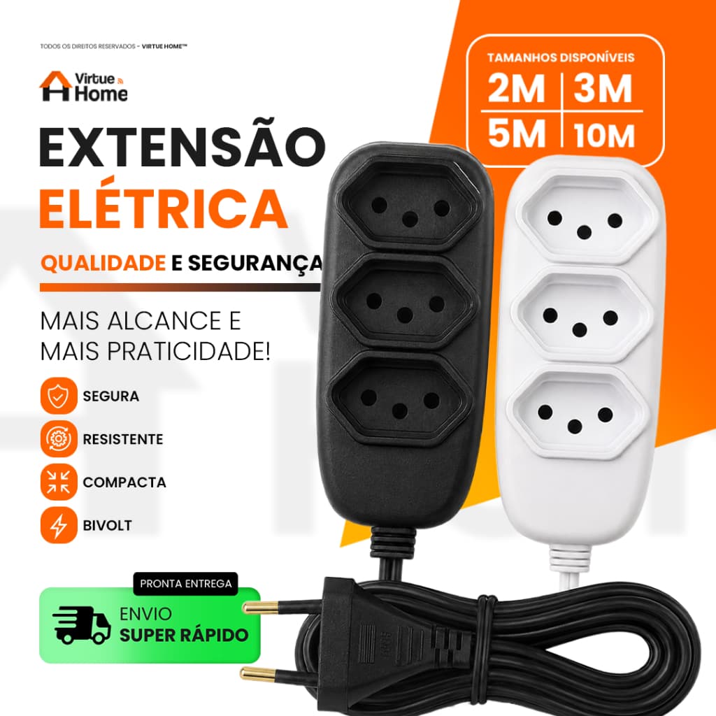Extensão de Energia Bivolt 10A 110/220V 2m 3m 5m 10m Preta/Branca Tripolar Durável