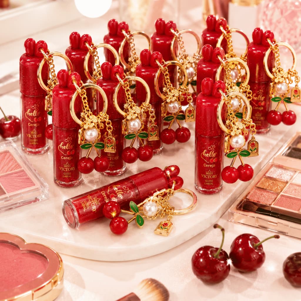 Lip Gloss De Cereja Hello Hidrataçao e Brilho Intenso com Chaveiros