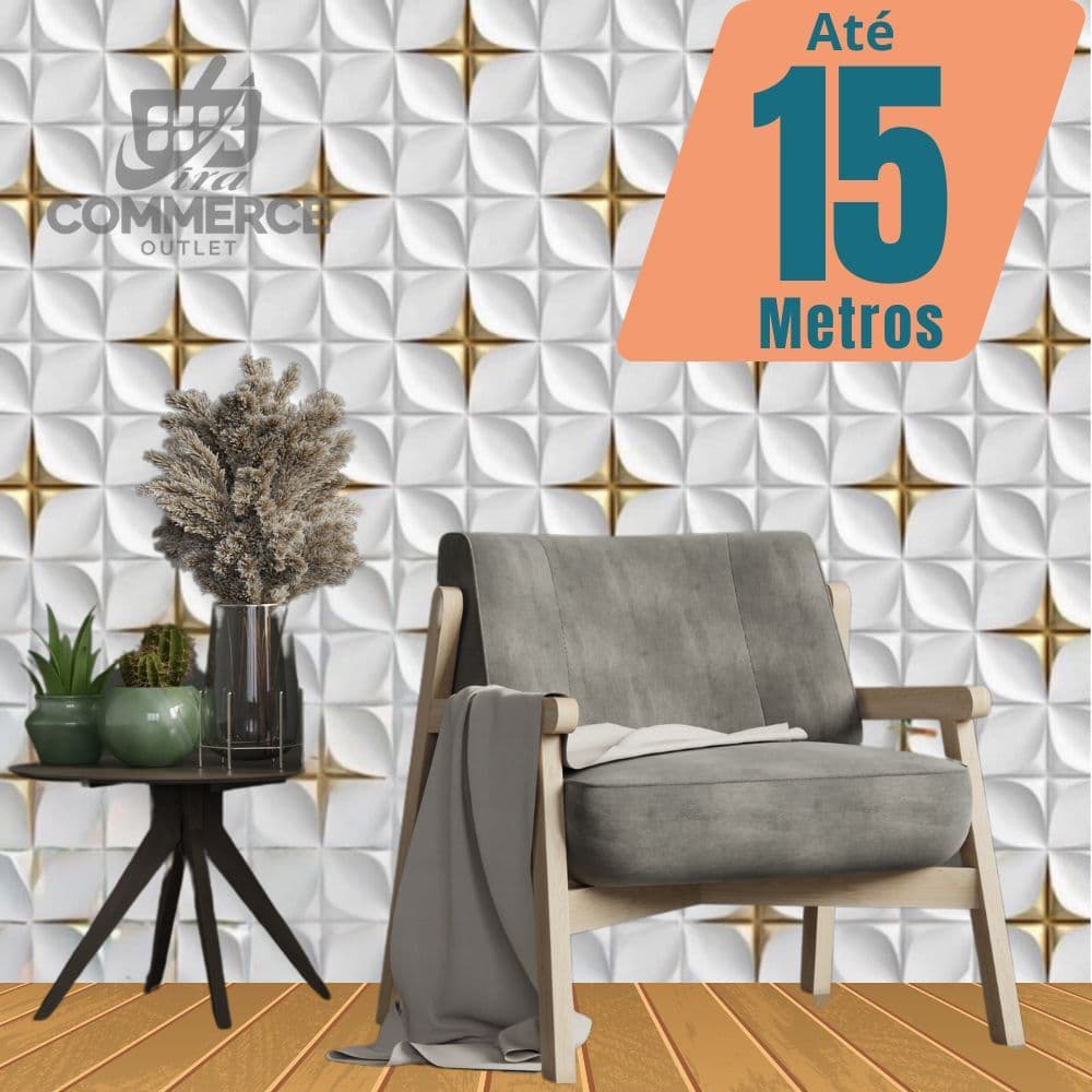 Papel de Parede Geométrico 3D Cinza Dourado Autoadesivo 5m x 45cm