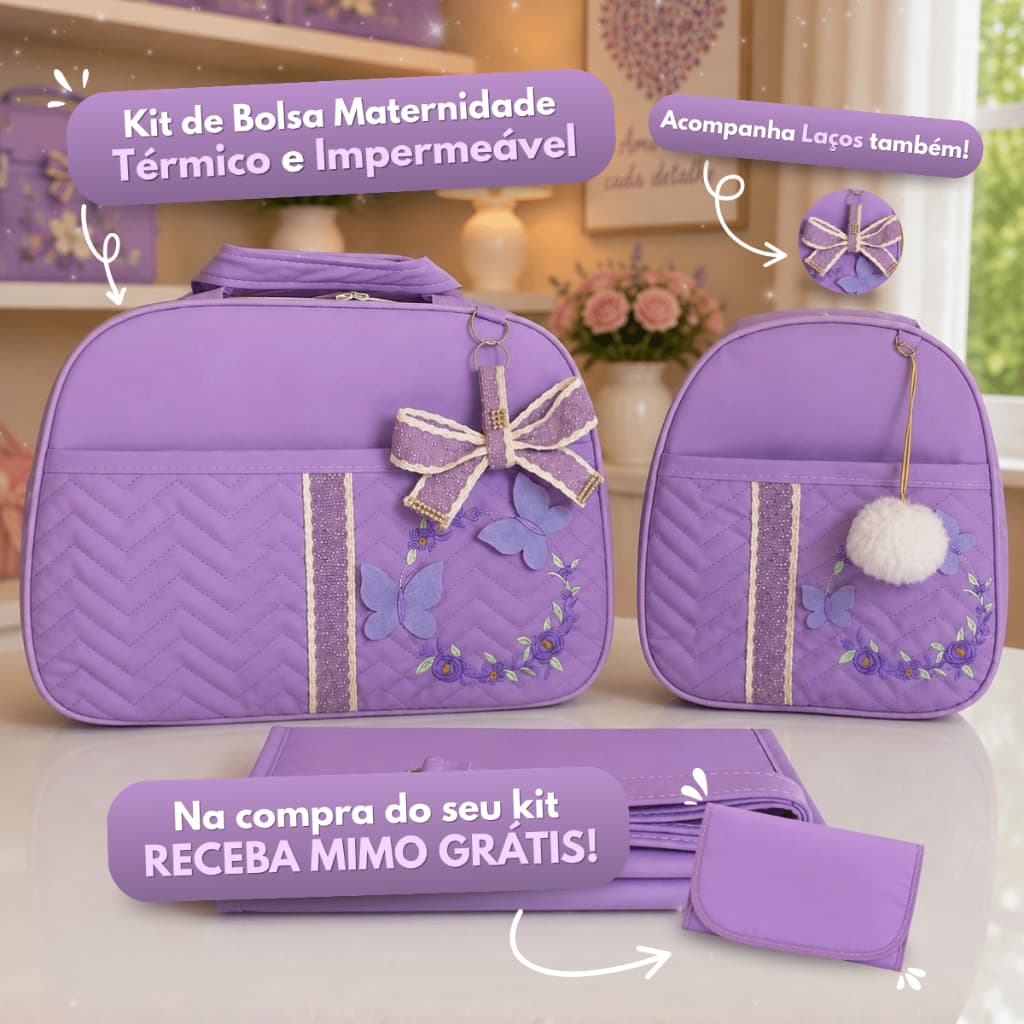 Kit Bolsa Maternidade completo com 2 peças Multiuso Luxo com Borboletas 3D para meninas