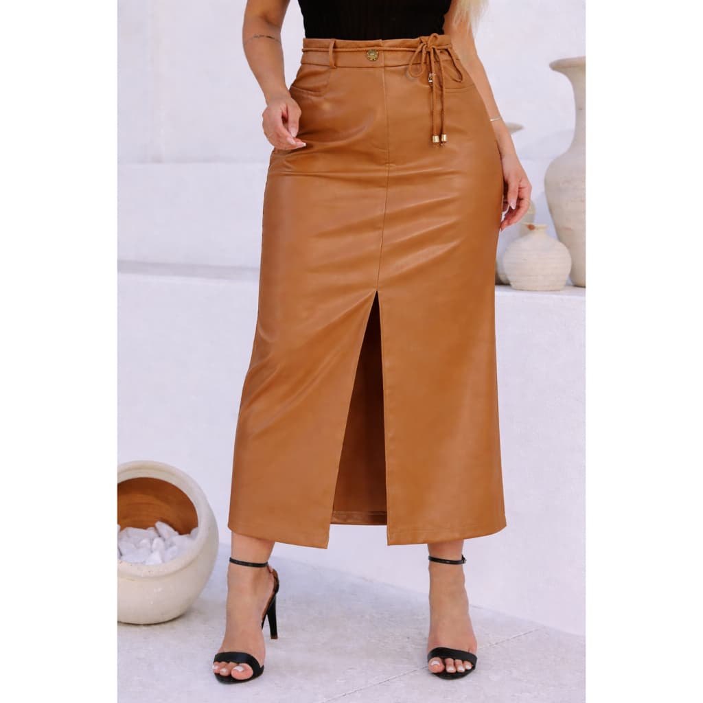 Saia Midi Santa Rosa Evangélica Couro Eco Feminina Elegante Social Inverno