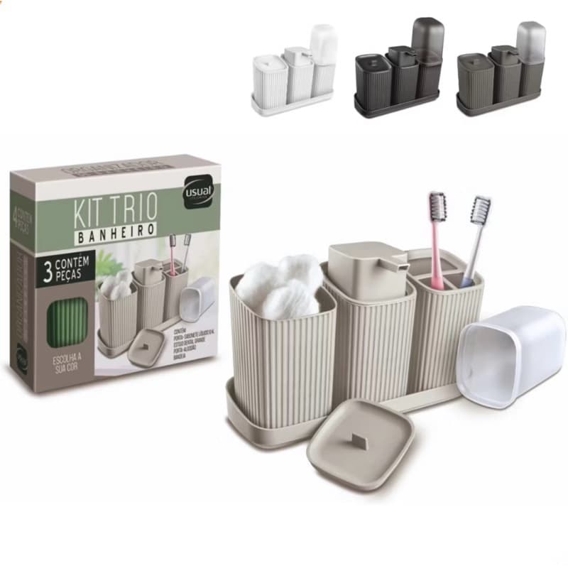 3 Acessórios Banheiro com Bandeja Dispenser Sabonete Líquido, Porta Algodão e Porta Escova