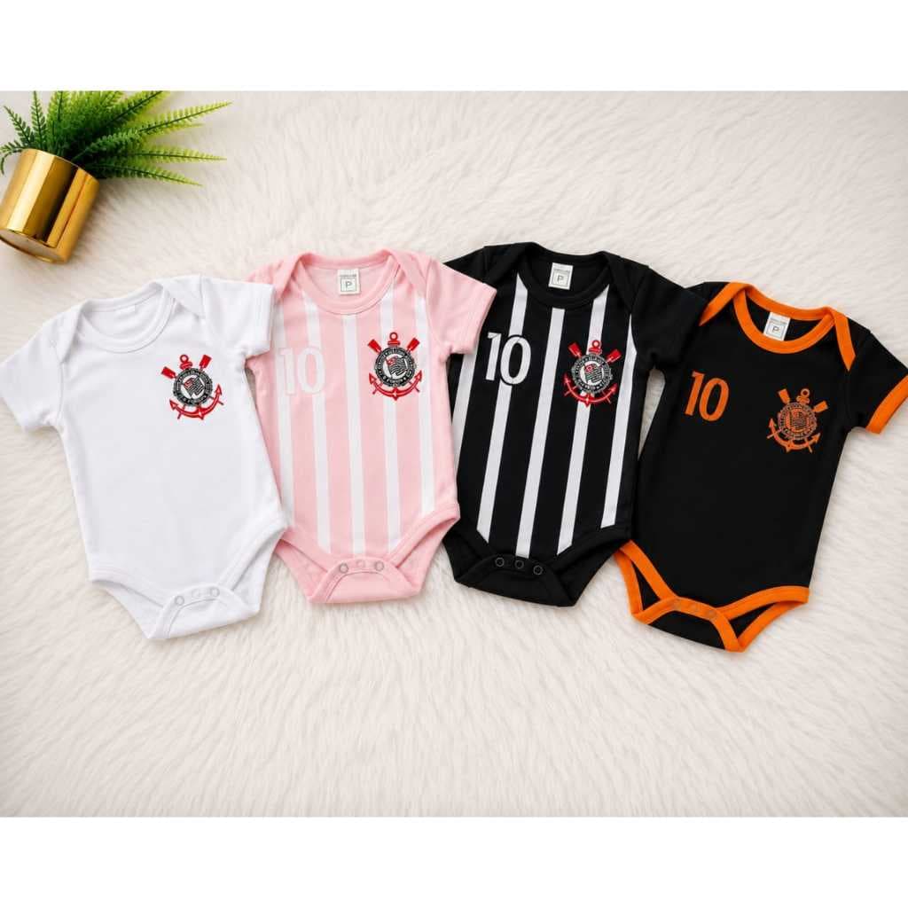 Coleção Body Bebê Time Brasileiro Timão Preto Branco Rosa Laranja Kit 2 ou 3 Peça Fantasia Infantil