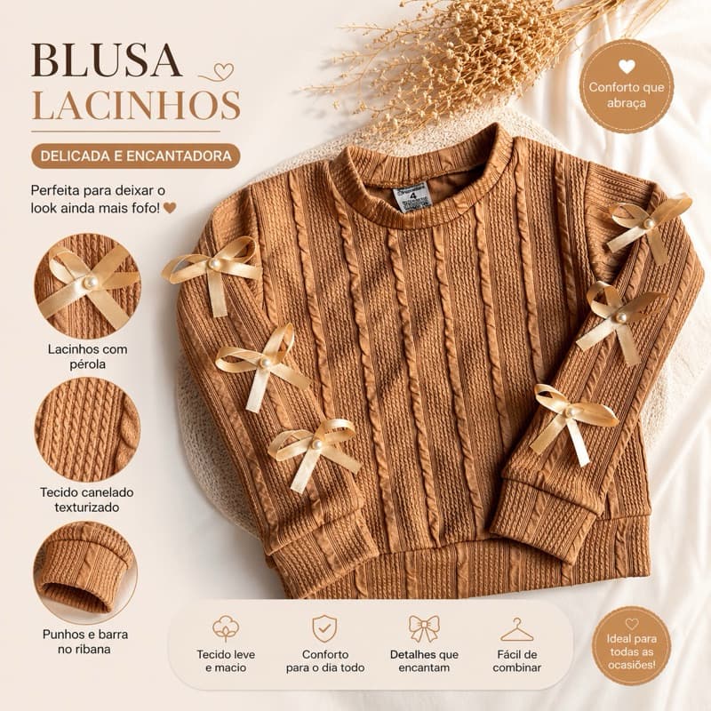 Blusa De Frio infantil Menina Manga Longa com Laços Confortável Tam 4 ao 10 Anos