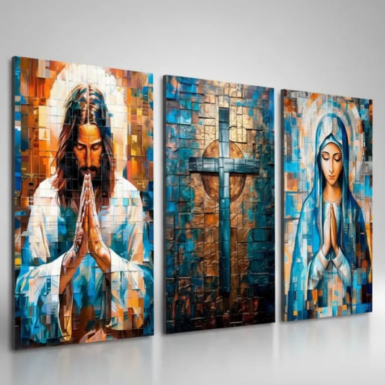 Quadro Decorativo Jesus Cristo Maria Cruz Sagrada 3 Peças Decoração Religiosa Premium Sala Quarto