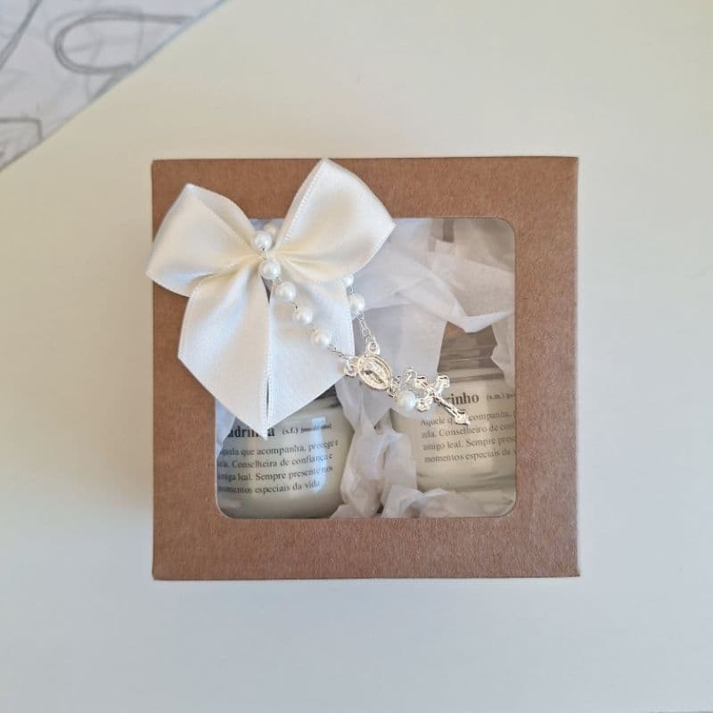 Caixa Padrinhos Velas Aromáticas. Duas mini velas e mini terço