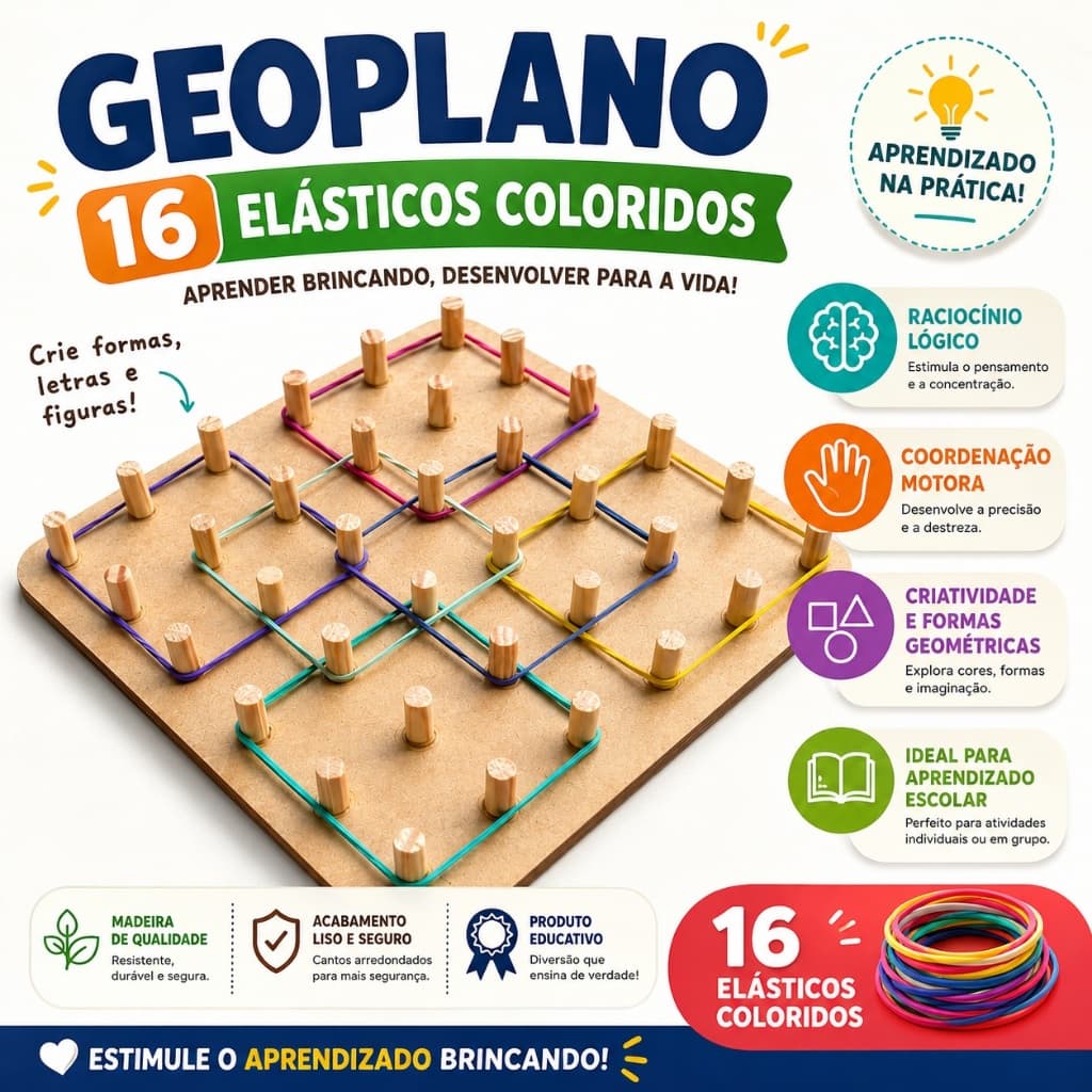 Geoplano Madeira Brinquedo Educativo Formas Geométricas Matemática Pedagógico Infantil