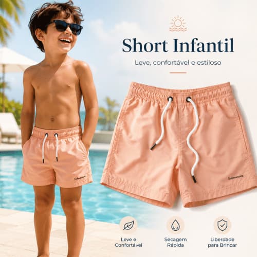 Short Infantil Praia Secagem Rapida Versátil Leve Conforto Total Bermuda com Cós Elástico