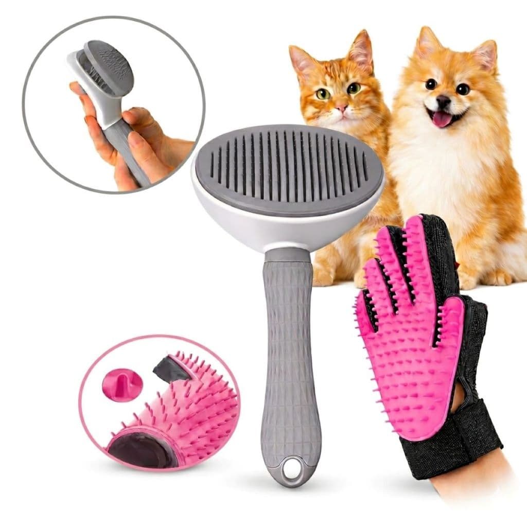 Kit Escova Rasqueadeira Automática Autolimpante + Luva Tira Pelo Nano Magnética Massageadora Cães Gatos