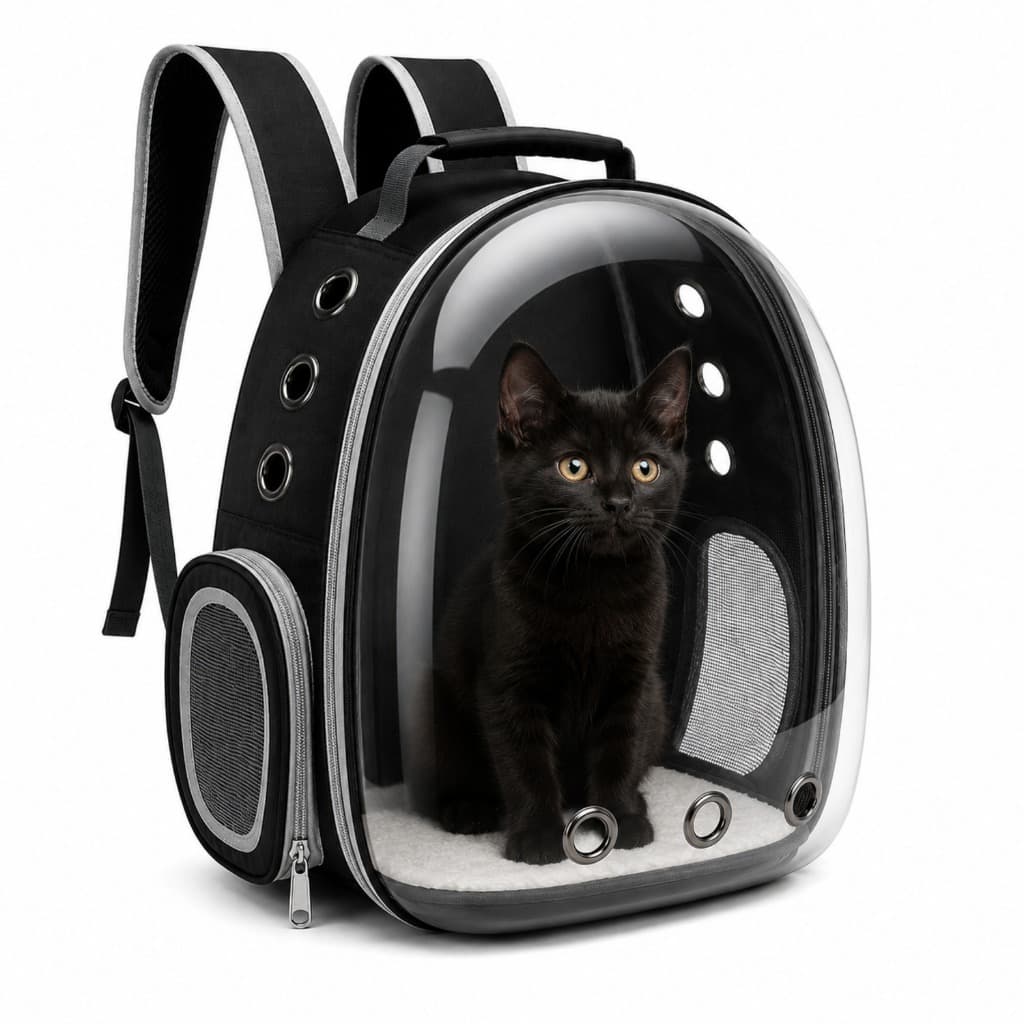 PRETO - Mochila Pet Transporte para Cães e Gatos Visão Ampla com Entrada de Ar