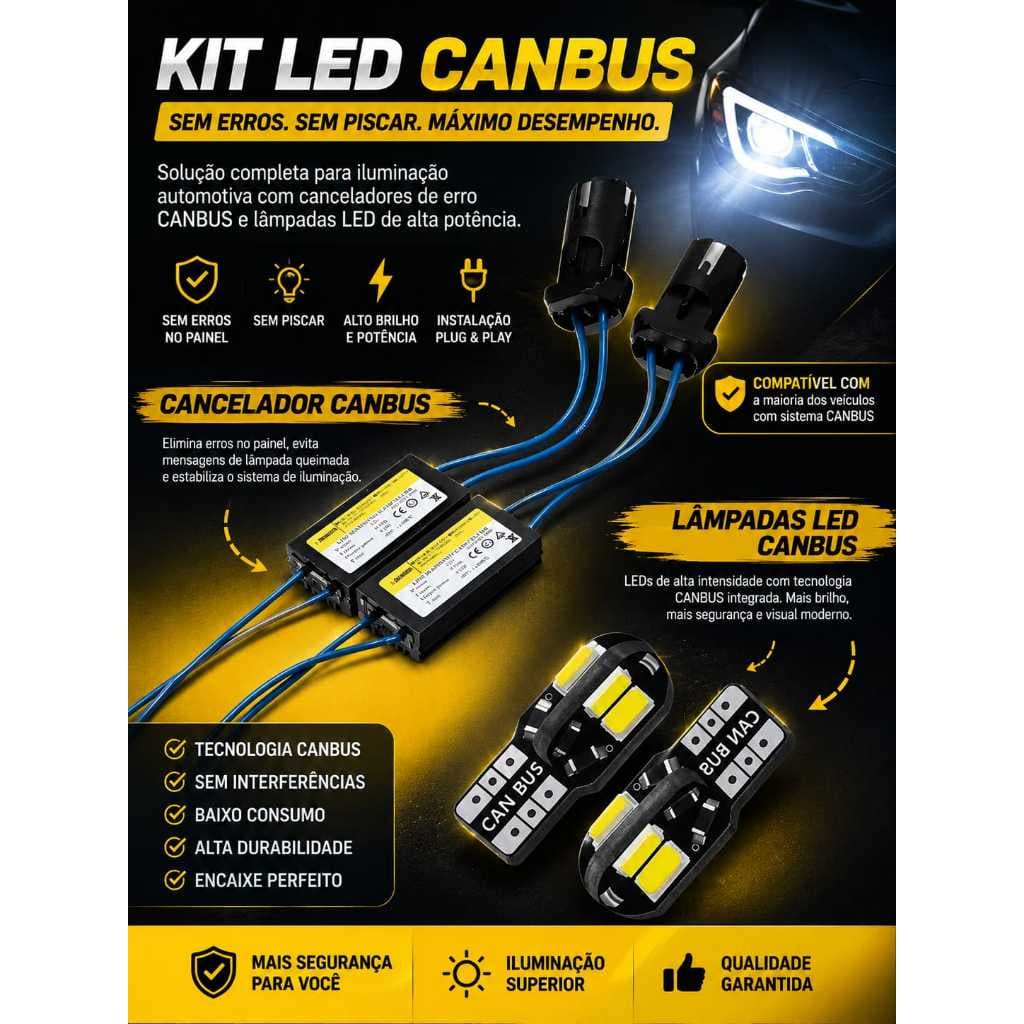 KIT 2 RESISTOR DIODO CANCELLER VEICULAR + 2 LAMPADA T10 CAMBUS 8 LED 12V
