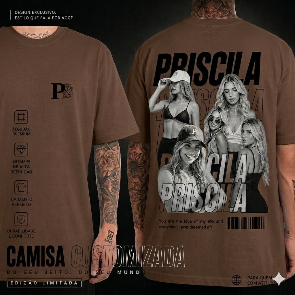 Camiseta Personalizada Casal com Foto e Nome Algodão Premium Streetwear Inicial Coração Presente Namorada