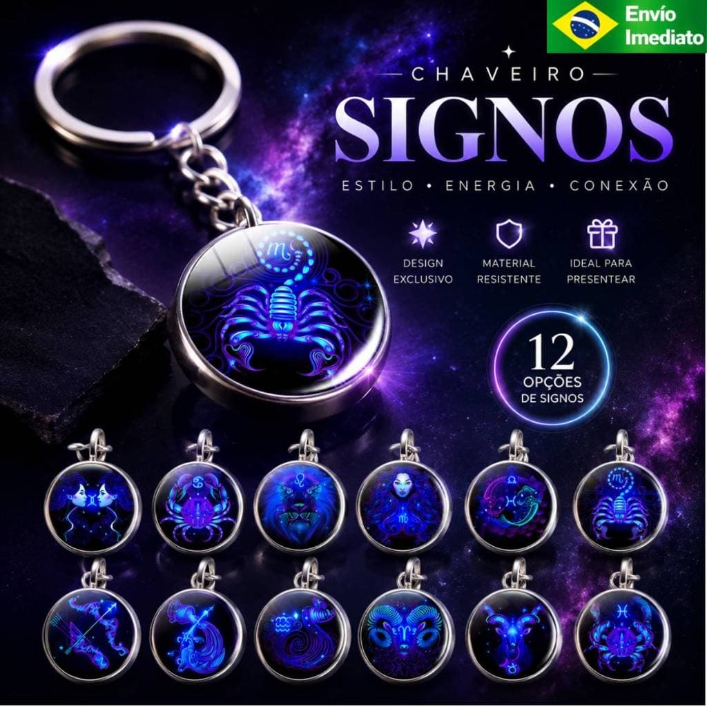 Chaveiro pingente Prateado de Signos Detalhes Azul Bola Vidro