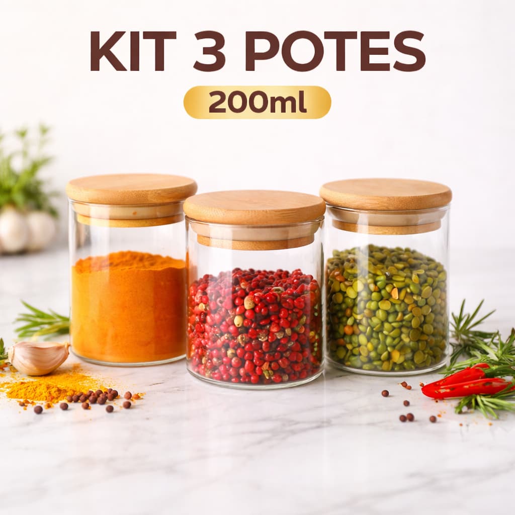 Kit 3 Potes Hermético 200ml Mantimentos Vidro Tampa De Bambu