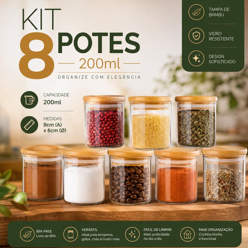 Kit 8 Potes Hermético 200ml Mantimentos Vidro Tampa De Bambu