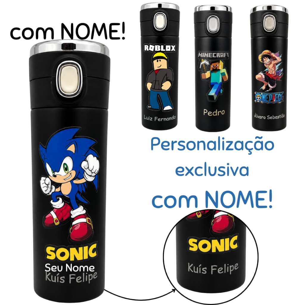 Garrafa Térmica Inox Com NOME Personalizada SONIC Digita em Led e Trava de Segurança Personagens Adulto Infantil escolar