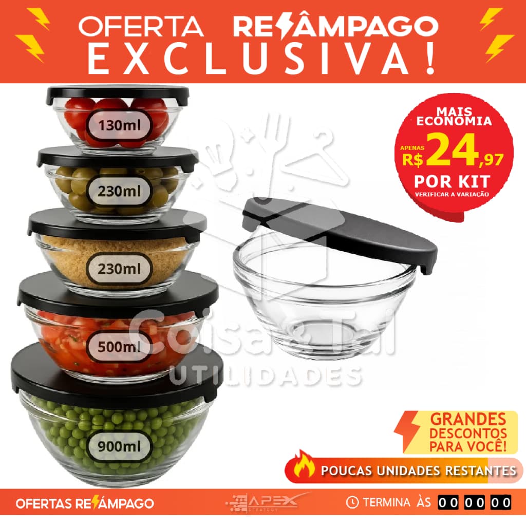 Potes redondo de vidro hermético kit 5 unidades com tampa freezer microondas empilhavel marmita bowl