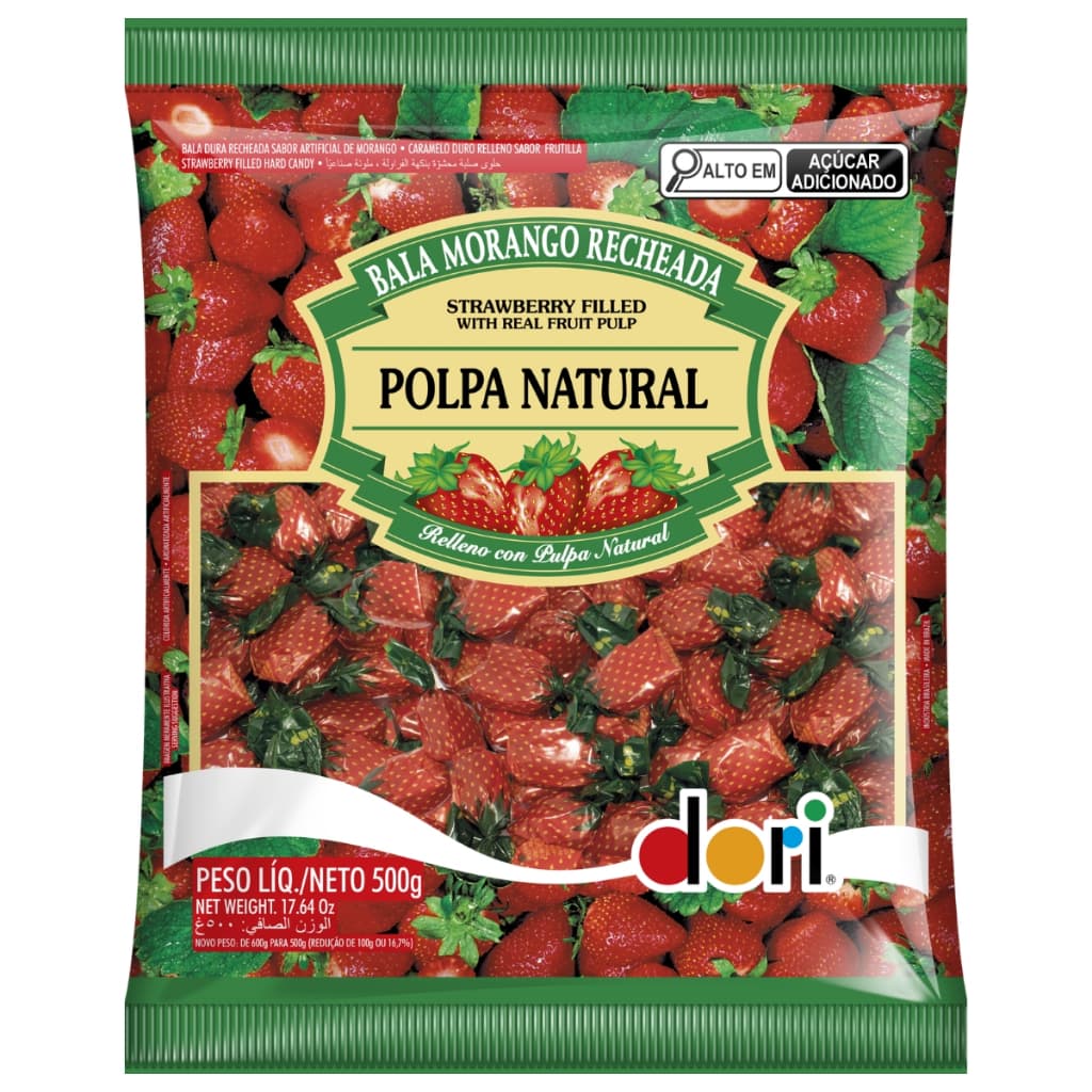 Balas de Morango Recheada Polpa Natural 500g Dori