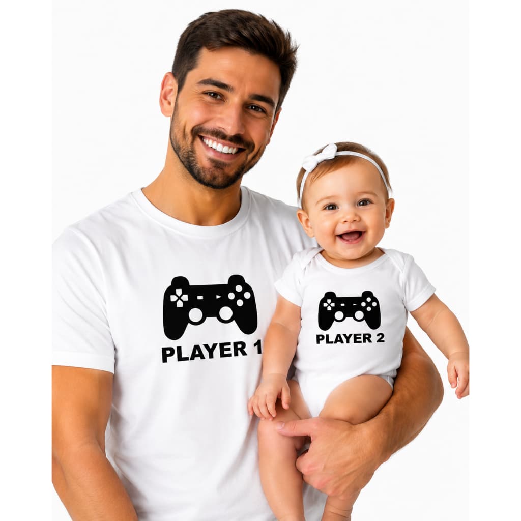 Kit Tal Pai Tal Filho Body e Camiseta Player 1 Player 2 Branco/Cinza Mescla