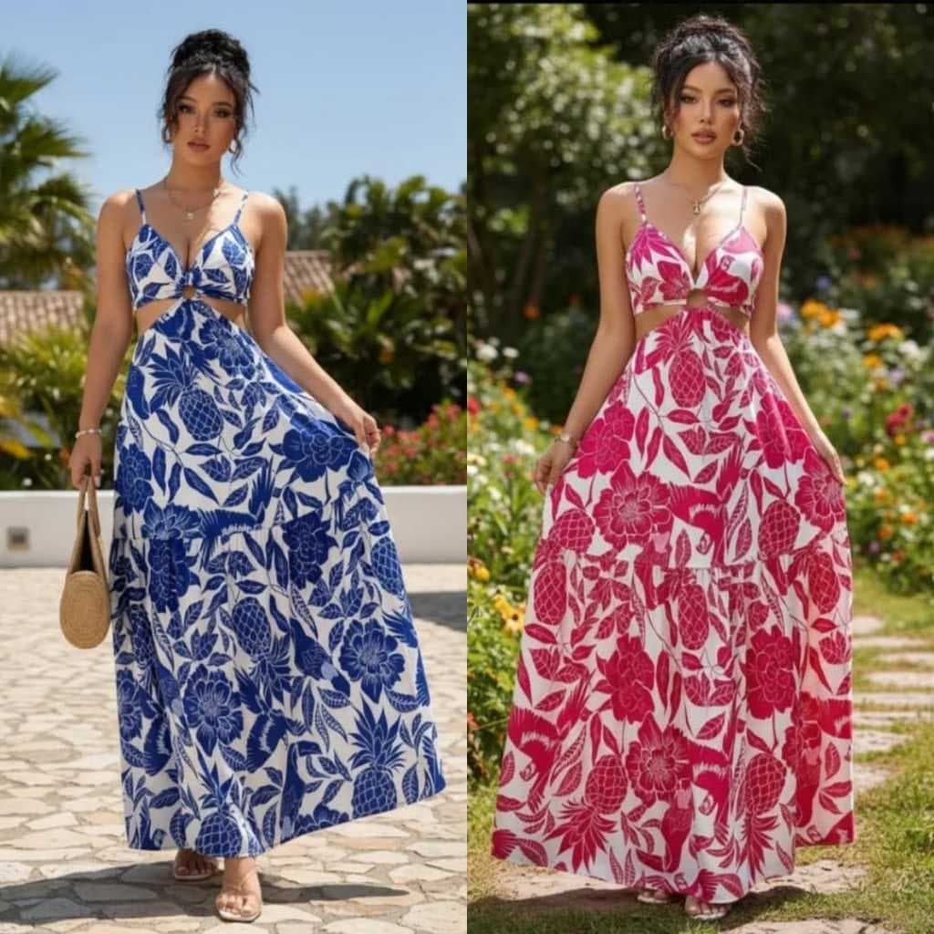 Vestido Longo Feminino Crepinho Estampado Tropical com Bojo e Recorte na Cintura Alça Fina Regulável E Costas Abertas
