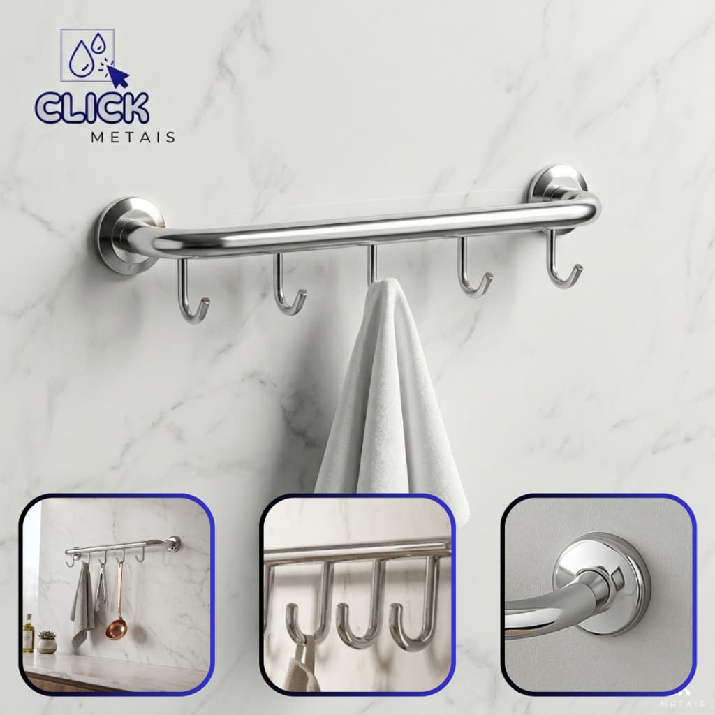 Cabide de Parede em Aluminio com 5 Ganchos Multiuso Banheiro Lavanderia Porta Chaves