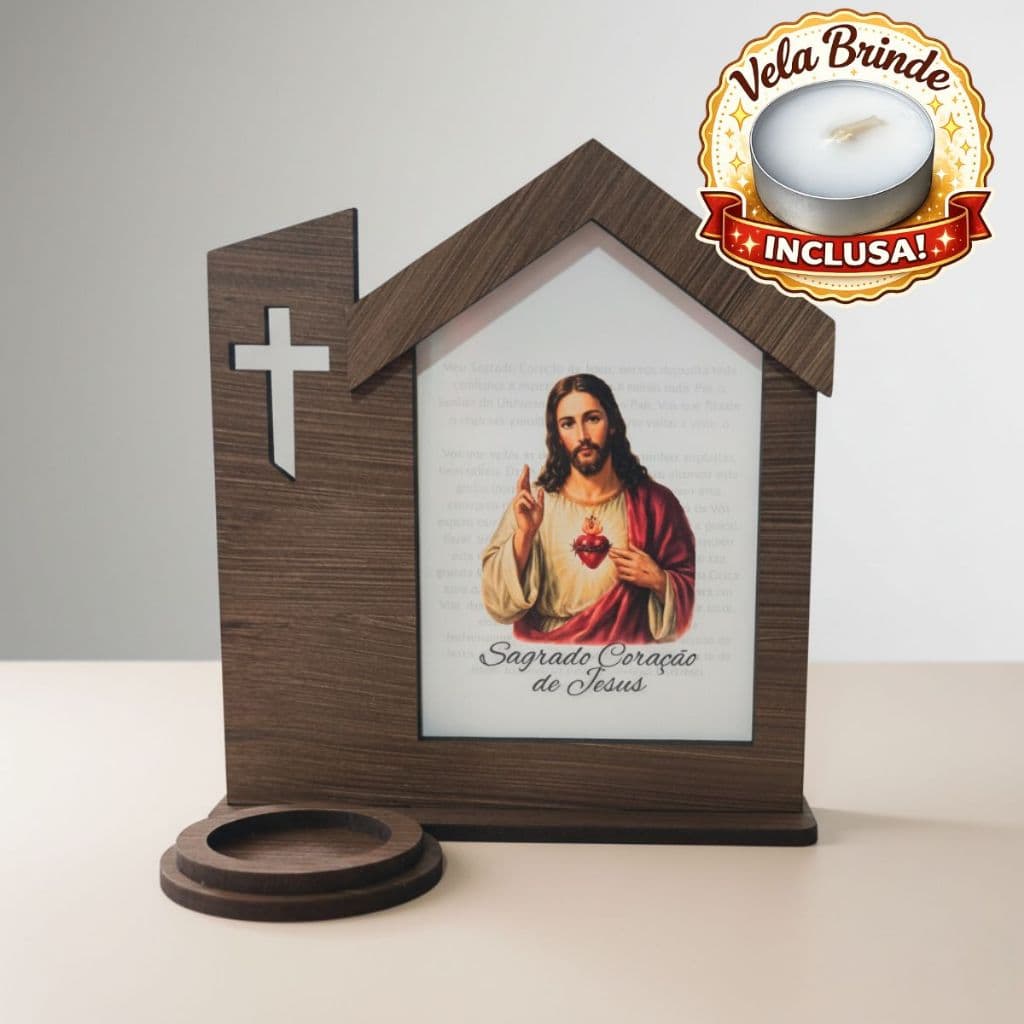 Suporte Porta Vela Formato Capela Decoração Sagrado Coração Jesus Virgem Maria São José São Bento