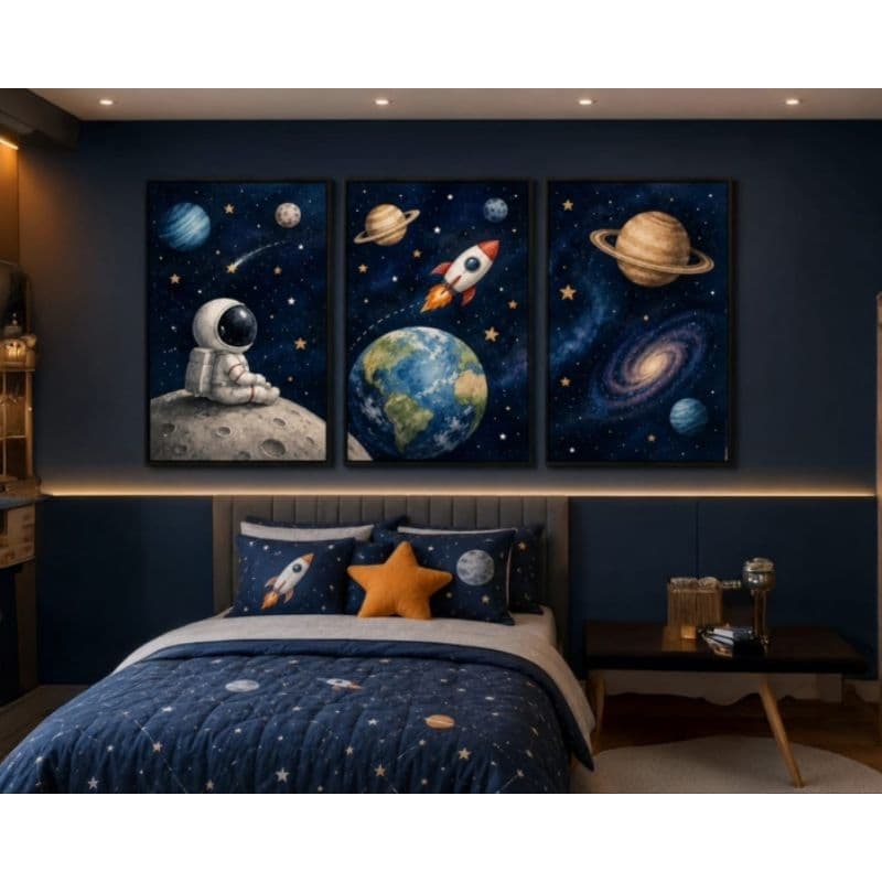 Kit quadro decorativo 3 peças espaço astronauta foguete quarto infantil