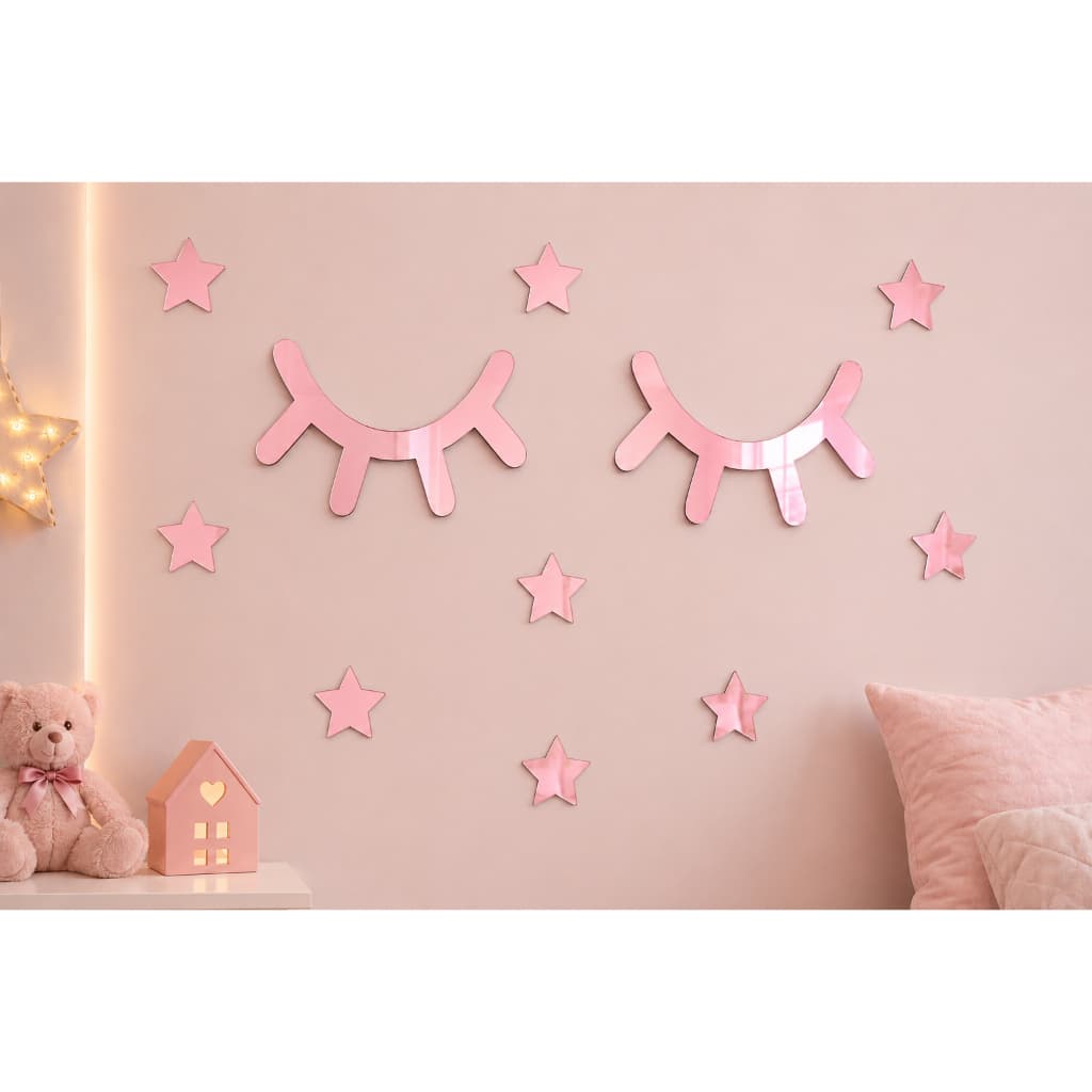 Kit Decorativo Acrílico Espelhado Rosa Bebê – Cílios + Estrelas para Quarto Infantil